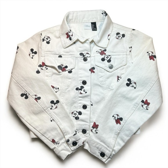 Disney Mickey And Minnie Mouse Crop White Denim Jean Jacket Women's Size Small - Picture 1 of 5